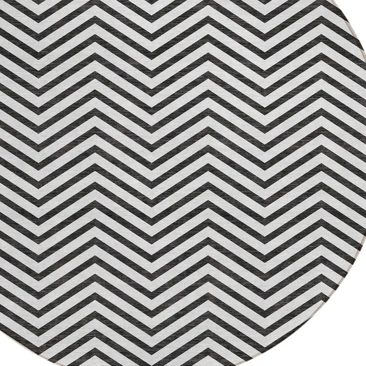 8' White And Black Round Chevron Washable Indoor Outdoor Area Rug
