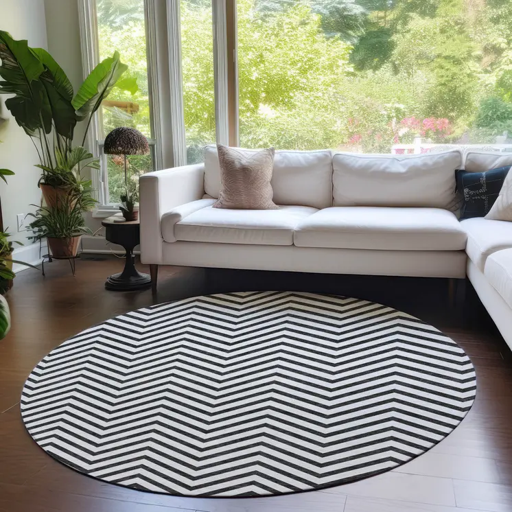8' White And Black Round Chevron Washable Indoor Outdoor Area Rug