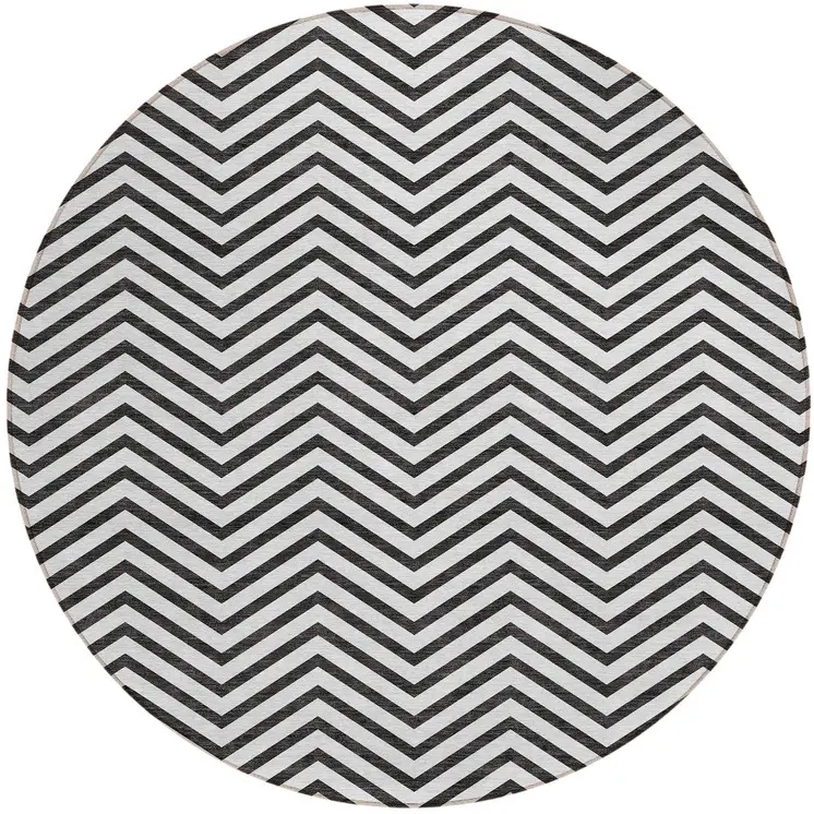 8' White And Black Round Chevron Washable Indoor Outdoor Area Rug