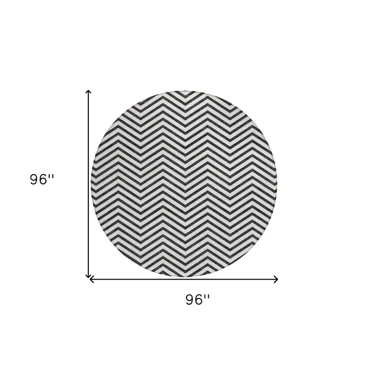 8' White And Black Round Chevron Washable Indoor Outdoor Area Rug