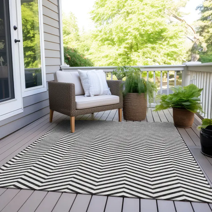 8' X 10' White And Black Chevron Washable Indoor Outdoor Area Rug