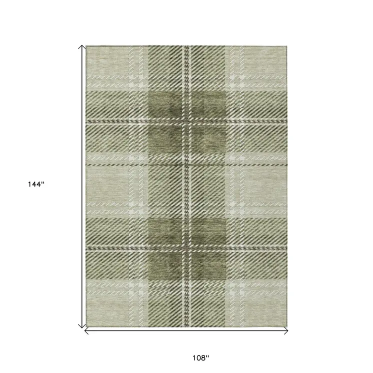 9' X 12' Artichoke Green Brown And Ivory Plaid Washable Indoor Outdoor Area Rug