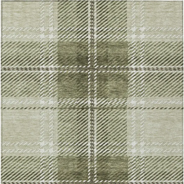 10' X 14' Artichoke Green Brown And Ivory Plaid Washable Indoor Outdoor Area Rug