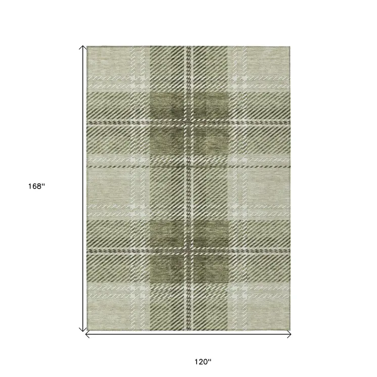 10' X 14' Artichoke Green Brown And Ivory Plaid Washable Indoor Outdoor Area Rug