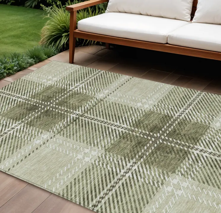 10' X 14' Artichoke Green Brown And Ivory Plaid Washable Indoor Outdoor Area Rug