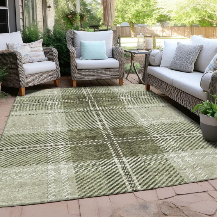 10' X 14' Artichoke Green Brown And Ivory Plaid Washable Indoor Outdoor Area Rug
