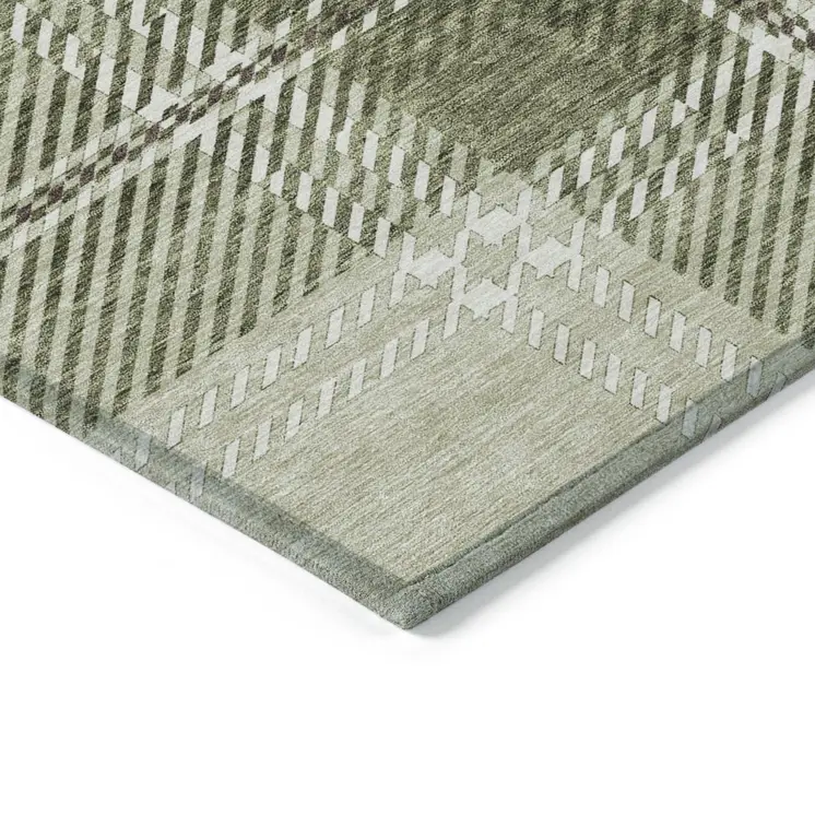 10' X 14' Artichoke Green Brown And Ivory Plaid Washable Indoor Outdoor Area Rug