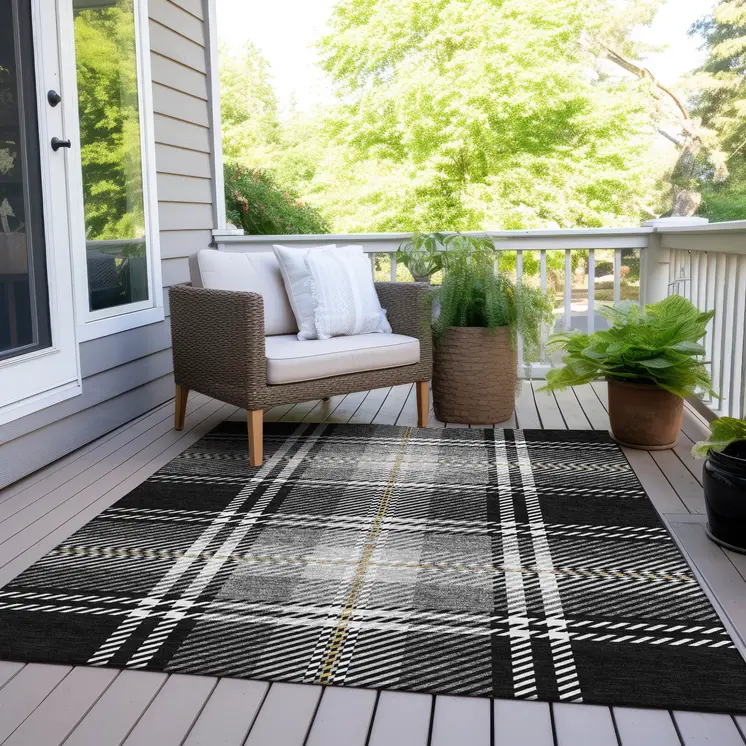 3' X 5' Black Gold And Gray Plaid Washable Indoor Outdoor Area Rug