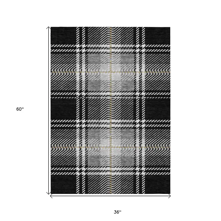 3' X 5' Black Gold And Gray Plaid Washable Indoor Outdoor Area Rug