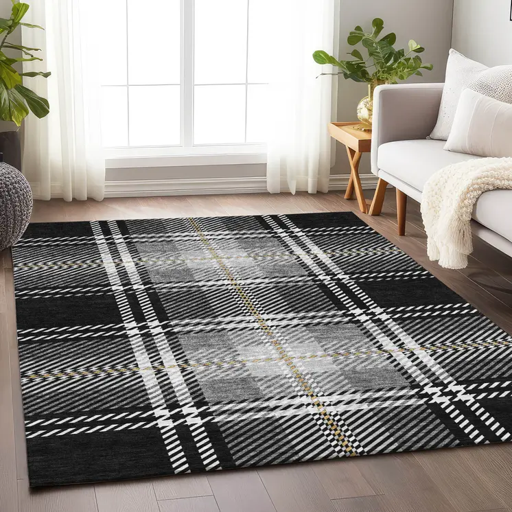 3' X 5' Black Gold And Gray Plaid Washable Indoor Outdoor Area Rug