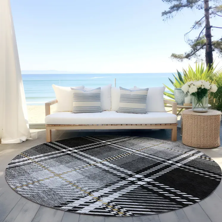 8' Black Gold And Gray Round Plaid Washable Indoor Outdoor Area Rug