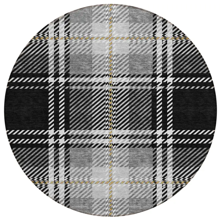 8' Black Gold And Gray Round Plaid Washable Indoor Outdoor Area Rug