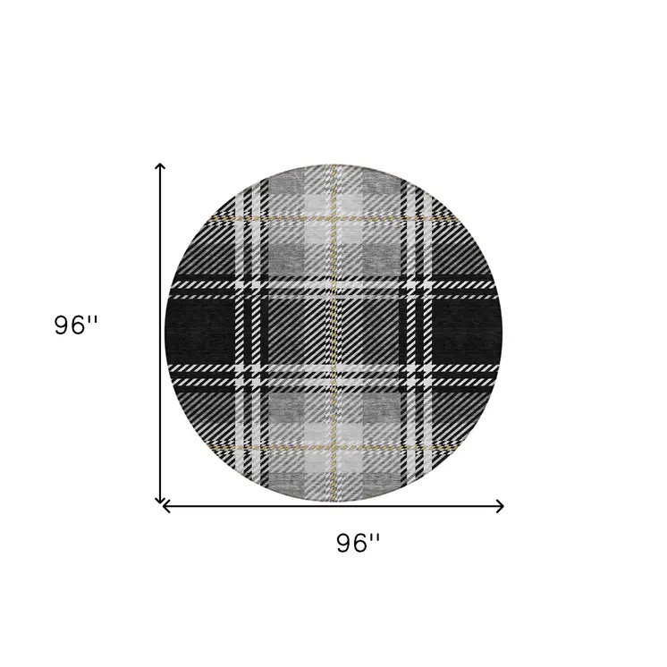 8' Black Gold And Gray Round Plaid Washable Indoor Outdoor Area Rug