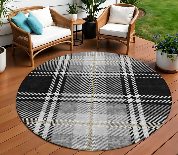8' Black Gold And Gray Round Plaid Washable Indoor Outdoor Area Rug