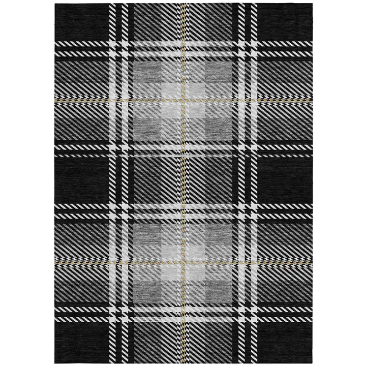 8' X 10' Black Gold And Gray Plaid Washable Indoor Outdoor Area Rug