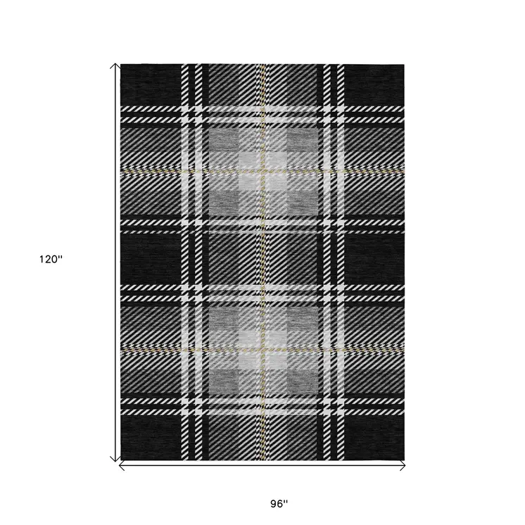 8' X 10' Black Gold And Gray Plaid Washable Indoor Outdoor Area Rug
