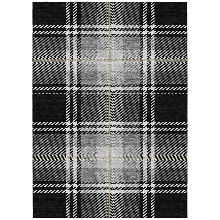 9' X 12' Black Gold And Gray Plaid Washable Indoor Outdoor Area Rug