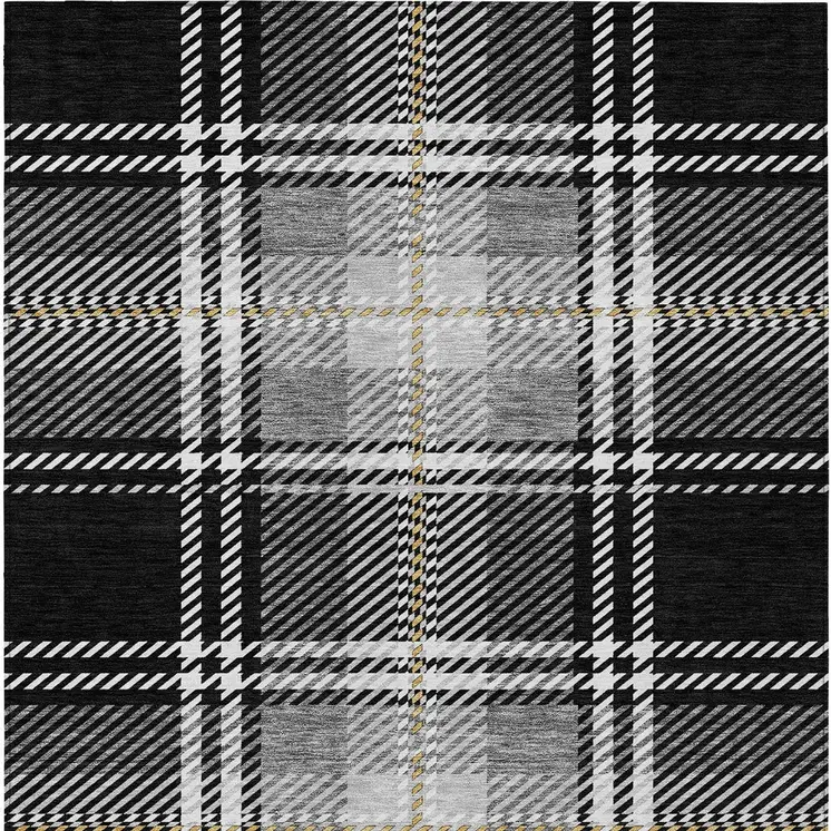 9' X 12' Black Gold And Gray Plaid Washable Indoor Outdoor Area Rug