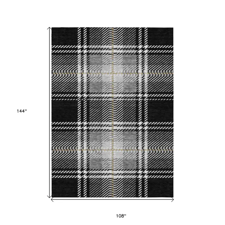 9' X 12' Black Gold And Gray Plaid Washable Indoor Outdoor Area Rug
