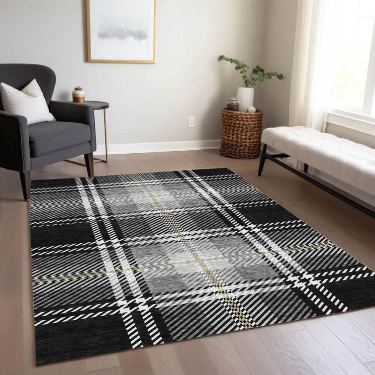 9' X 12' Black Gold And Gray Plaid Washable Indoor Outdoor Area Rug