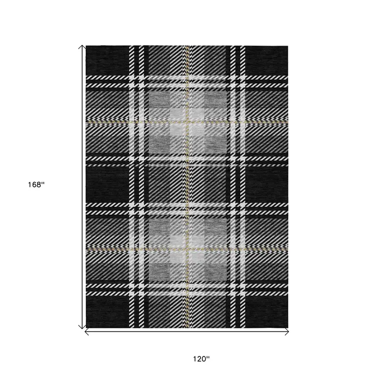 10' X 14' Black Gold And Gray Plaid Washable Indoor Outdoor Area Rug