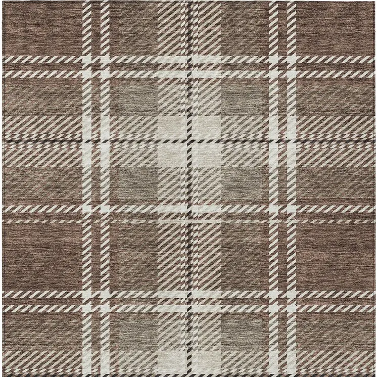 3' X 5' Brown Black And Ivory Plaid Washable Indoor Outdoor Area Rug