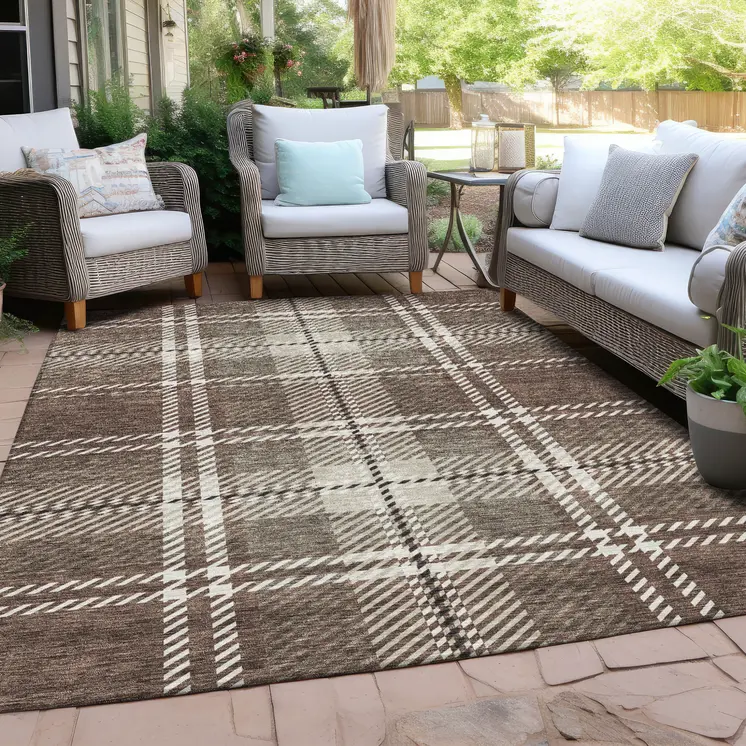 3' X 5' Brown Black And Ivory Plaid Washable Indoor Outdoor Area Rug