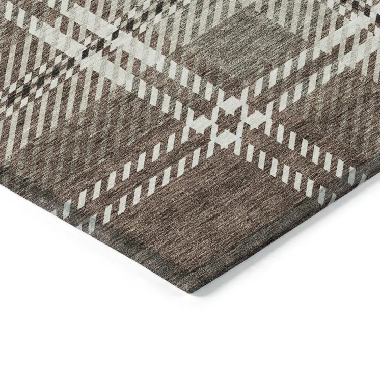 3' X 5' Brown Black And Ivory Plaid Washable Indoor Outdoor Area Rug