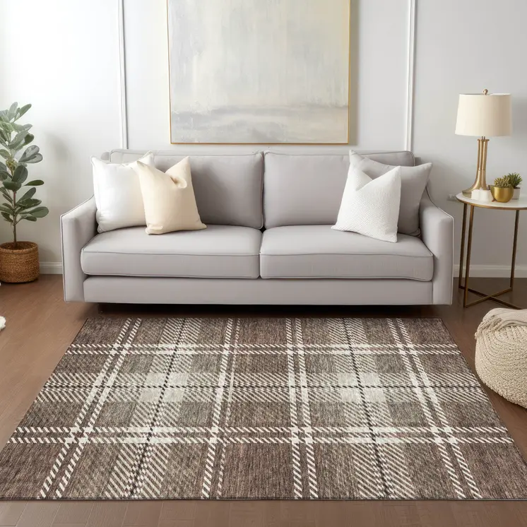 5' X 8' Brown Black And Ivory Plaid Washable Indoor Outdoor Area Rug