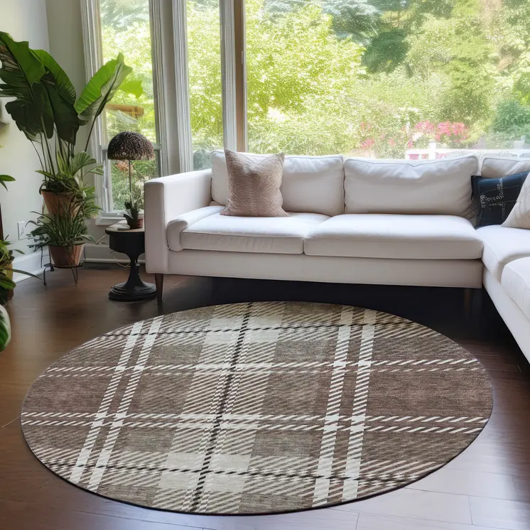 8' Brown Black And Ivory Round Plaid Washable Indoor Outdoor Area Rug