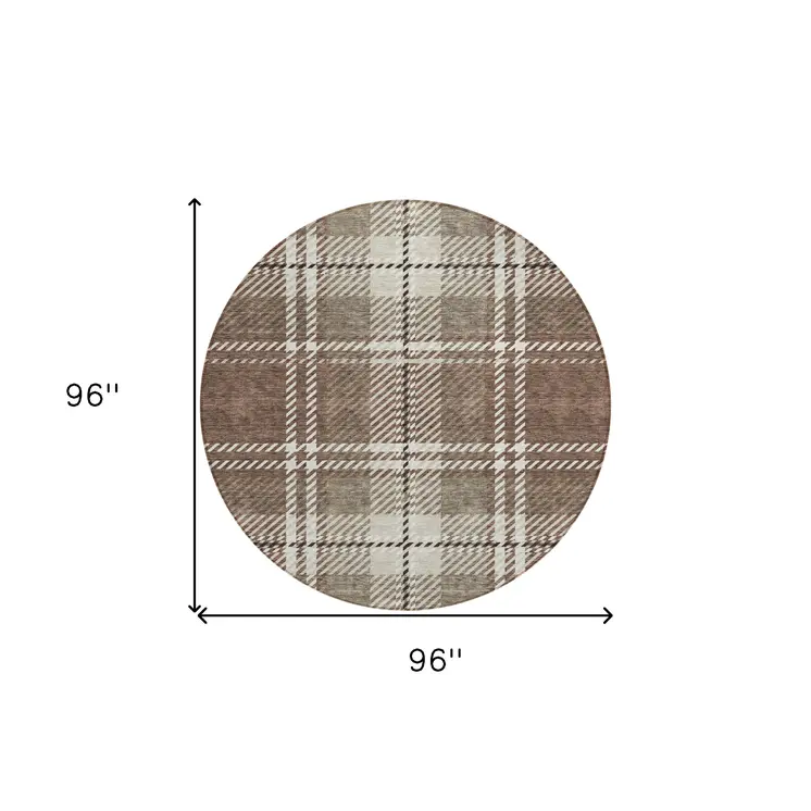 8' Brown Black And Ivory Round Plaid Washable Indoor Outdoor Area Rug