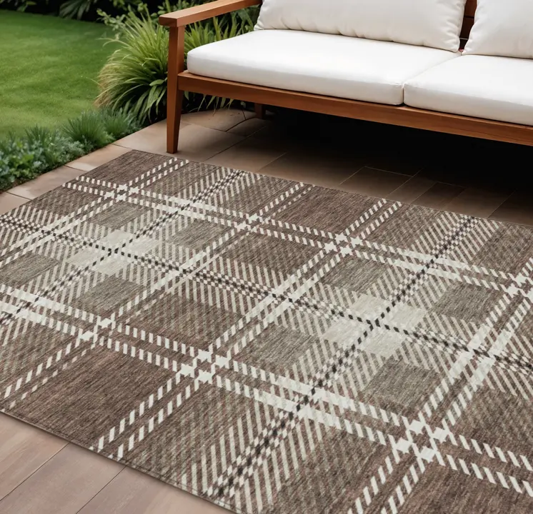10' X 14' Brown Black And Ivory Plaid Washable Indoor Outdoor Area Rug