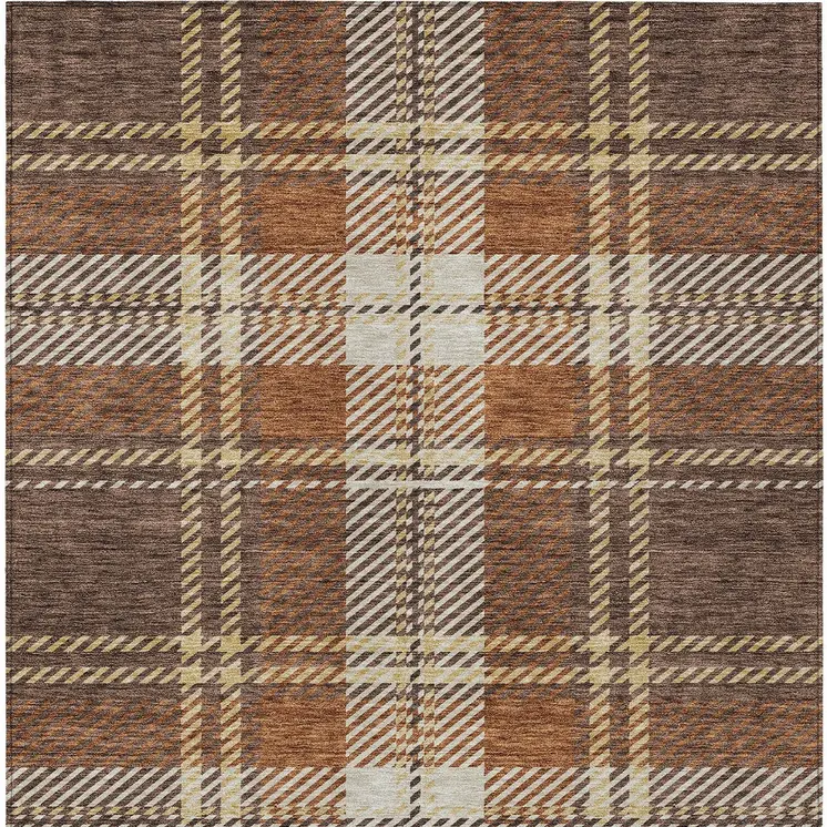 5' X 8' Chocolate Copper And Gold Plaid Washable Indoor Outdoor Area Rug