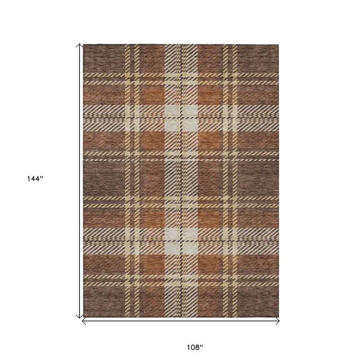 9' X 12' Chocolate Copper And Gold Plaid Washable Indoor Outdoor Area Rug