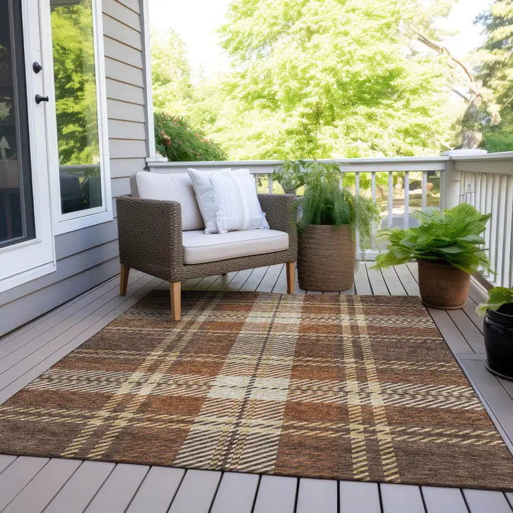 9' X 12' Chocolate Copper And Gold Plaid Washable Indoor Outdoor Area Rug