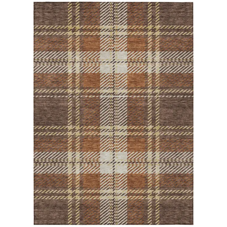 9' X 12' Chocolate Copper And Gold Plaid Washable Indoor Outdoor Area Rug