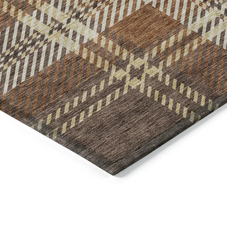 9' X 12' Chocolate Copper And Gold Plaid Washable Indoor Outdoor Area Rug
