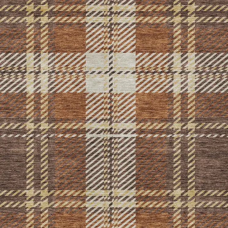 9' X 12' Chocolate Copper And Gold Plaid Washable Indoor Outdoor Area Rug