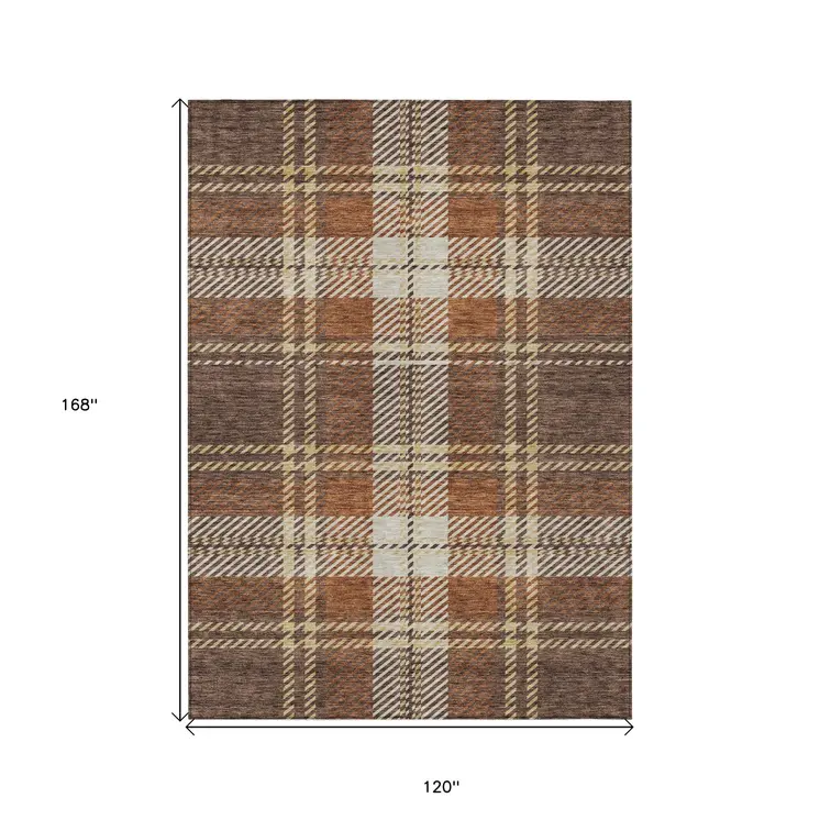 10' X 14' Chocolate Copper And Gold Plaid Washable Indoor Outdoor Area Rug