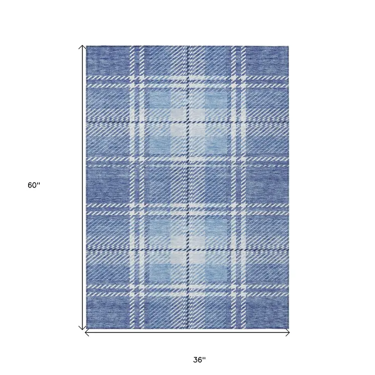 3' X 5' Denim Blue And Ivory Plaid Washable Indoor Outdoor Area Rug
