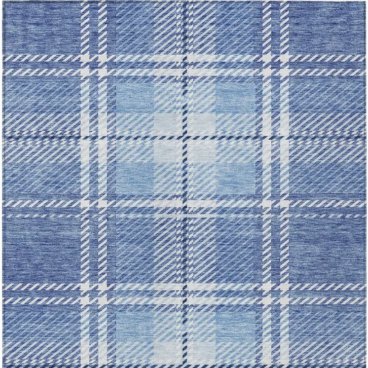 5' X 8' Denim Blue And Ivory Plaid Washable Indoor Outdoor Area Rug