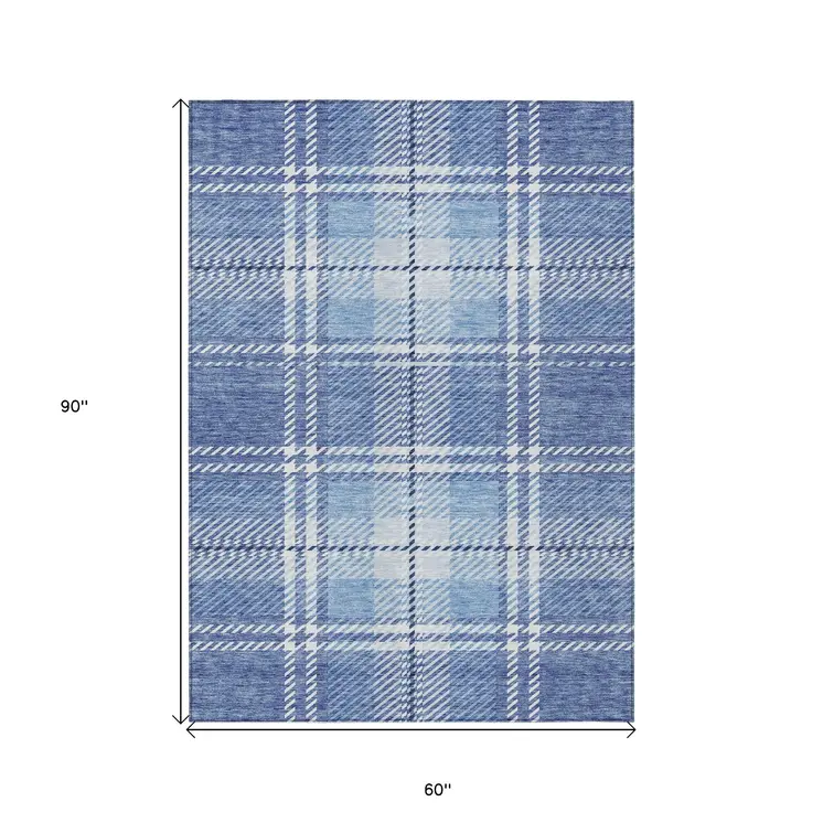 5' X 8' Denim Blue And Ivory Plaid Washable Indoor Outdoor Area Rug
