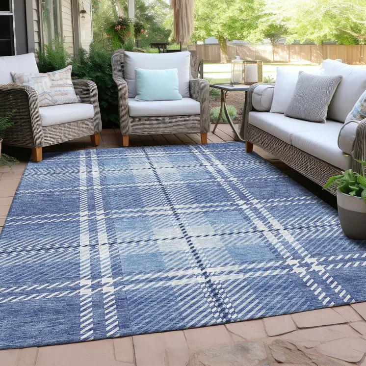 5' X 8' Denim Blue And Ivory Plaid Washable Indoor Outdoor Area Rug