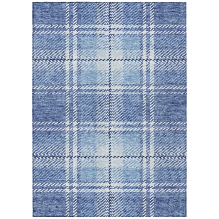 5' X 8' Denim Blue And Ivory Plaid Washable Indoor Outdoor Area Rug