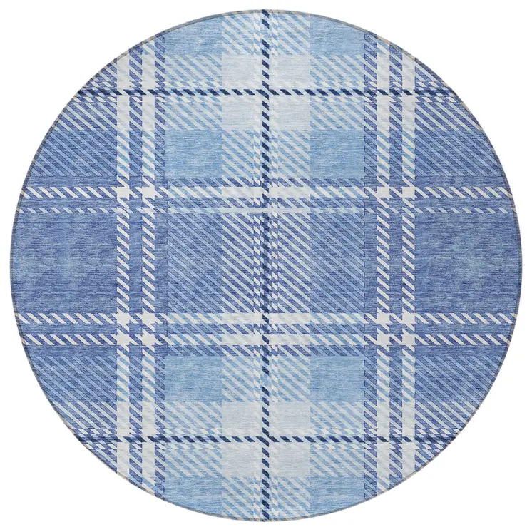 8' Denim Blue And Ivory Round Plaid Washable Indoor Outdoor Area Rug