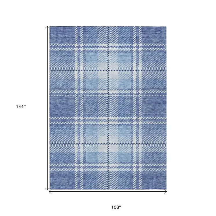 9' X 12' Denim Blue And Ivory Plaid Washable Indoor Outdoor Area Rug