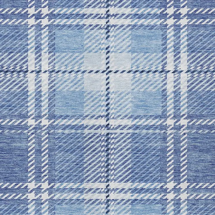 9' X 12' Denim Blue And Ivory Plaid Washable Indoor Outdoor Area Rug