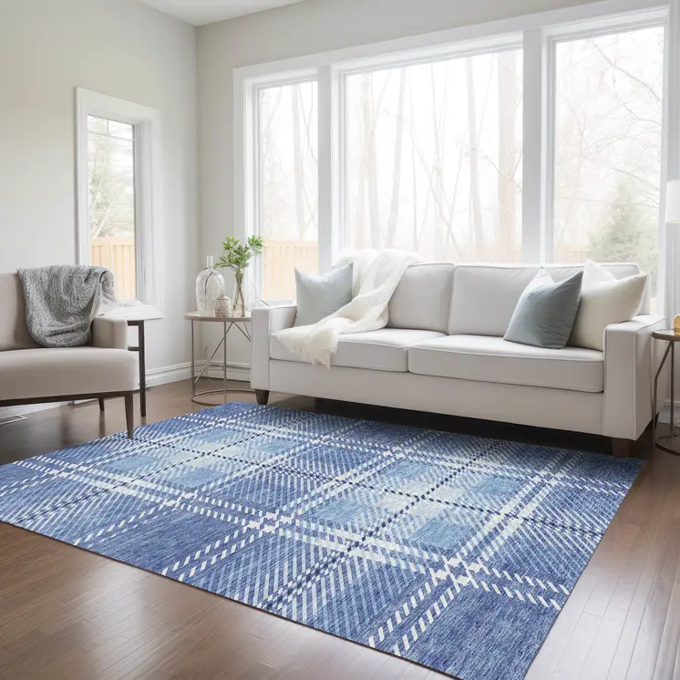 10' X 14' Denim Blue And Ivory Plaid Washable Indoor Outdoor Area Rug