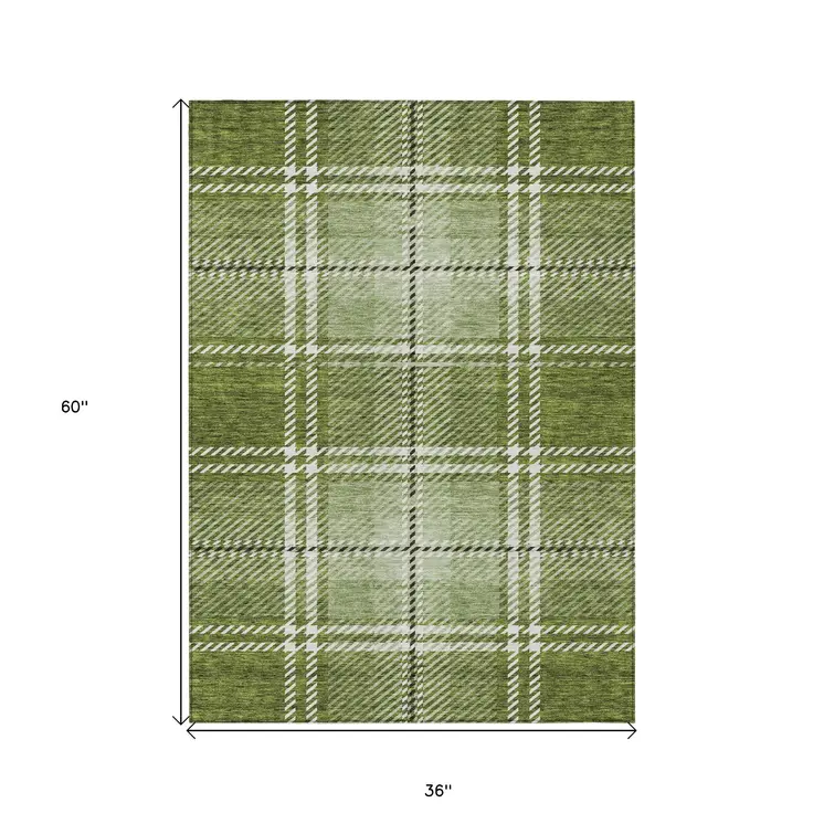 3' X 5' Green Black And Ivory Plaid Washable Indoor Outdoor Area Rug