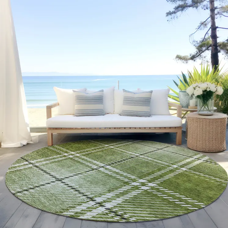 8' Green Black And Ivory Round Plaid Washable Indoor Outdoor Area Rug
